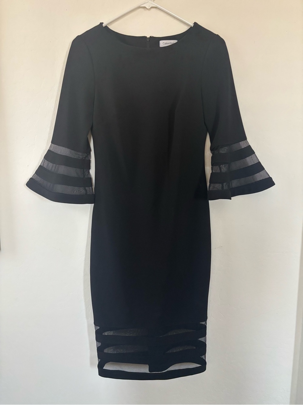 Calvin Klein Black Midi Dress with Sheer Stripe Bell Sleeves